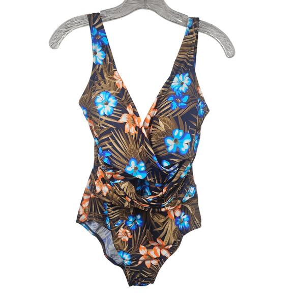Lands' End SlenderSuit Wrap One Piece Swimsuit Deep Sea Navy Tropic Palm Size 12 - Picture 4 of 8